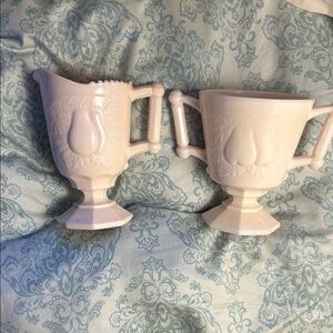 Elegant Cream Ceramic Pitcher and Sugar Bowl Set ,pink milk glass